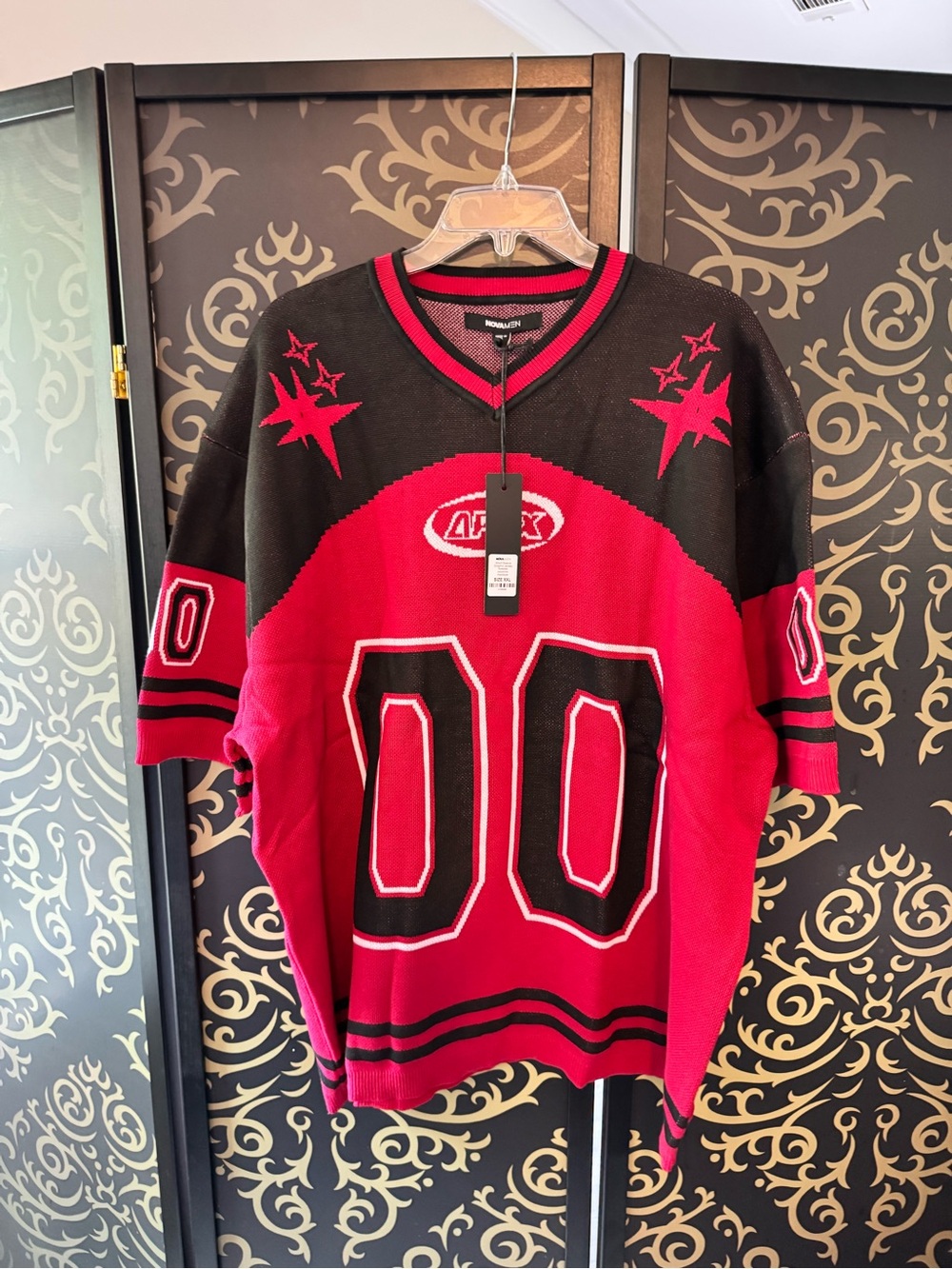Fashion Nova Red & Black Oversized '00' Jersey Knit Sweater